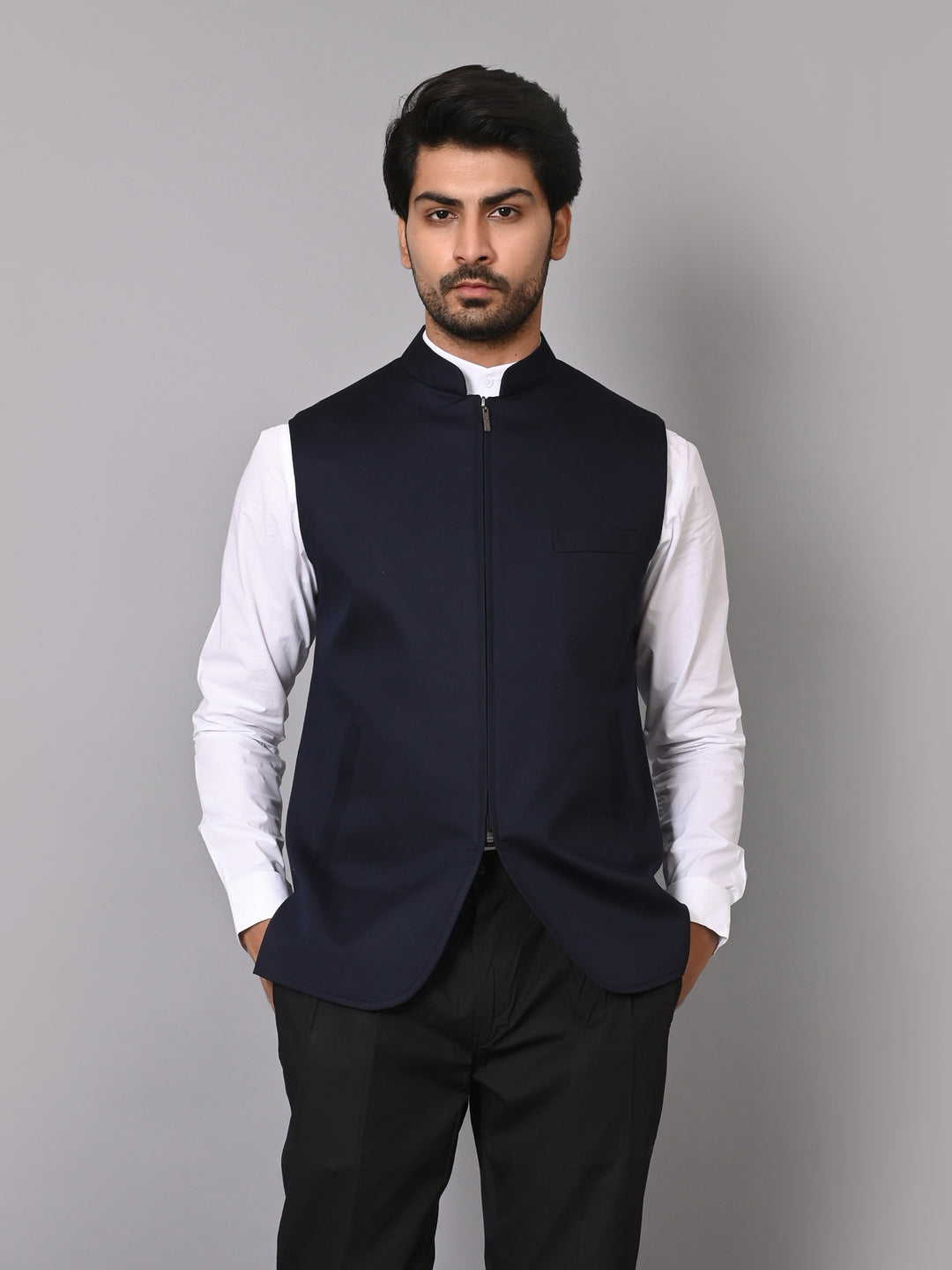 Solid Navy Blue Nehru Jacket - B39170-150