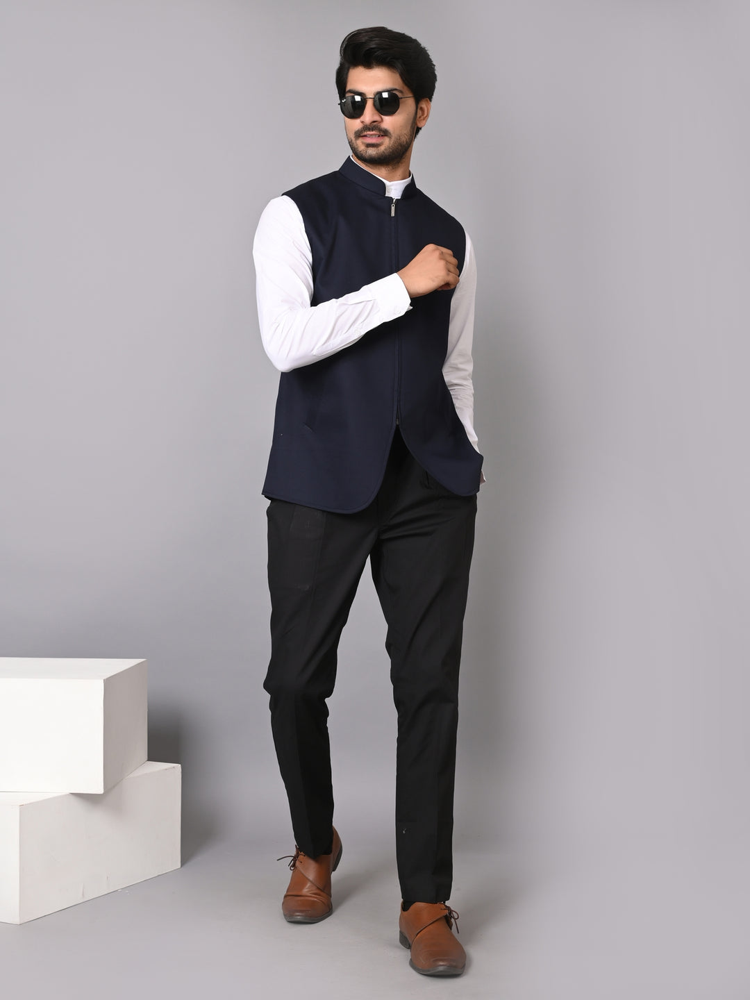 Solid Navy Blue Nehru Jacket - B39170-150