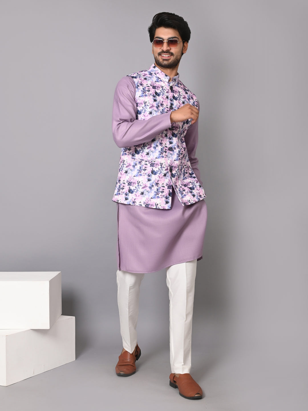 Floral Purple Jacket Kurta Set - JM40139-D2