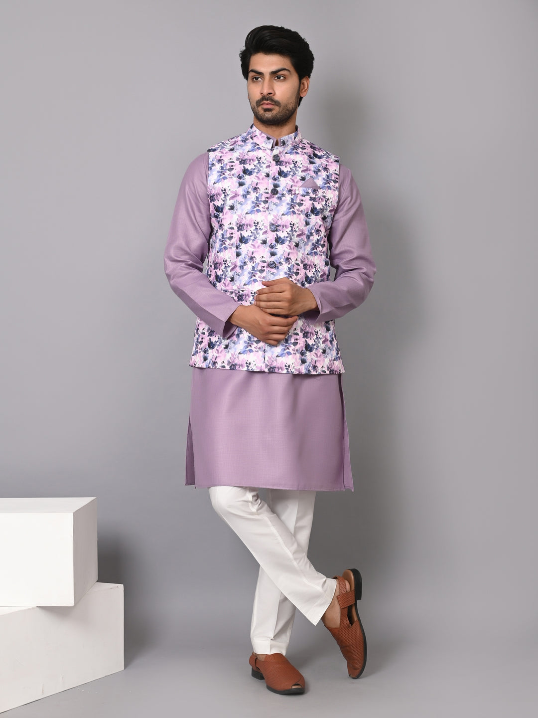 Floral Purple Jacket Kurta Set - JM40139-D2