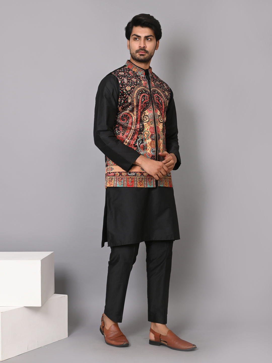 Paisley Black Jacket Kurta Set - JM40409-11