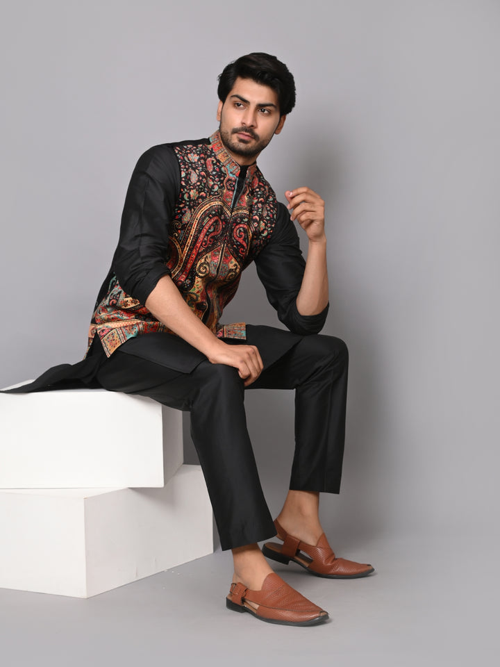 Paisley Black Jacket Kurta Set - JM40409-11