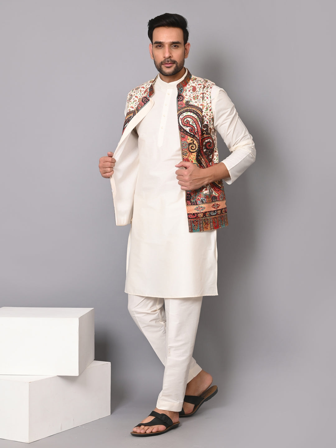 Paisley Off White Jacket Kurta Set - JM40409-10