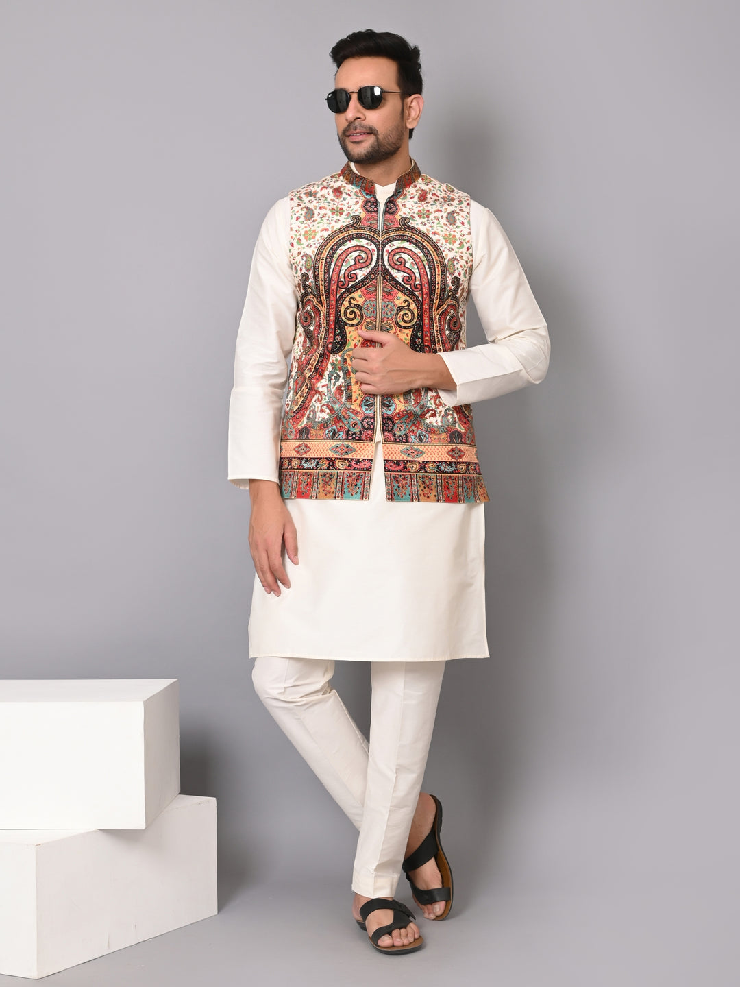 Paisley Off White Jacket Kurta Set - JM40409-10