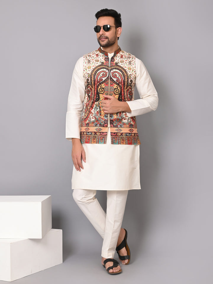 Paisley Off White Jacket Kurta Set - JM40409-10