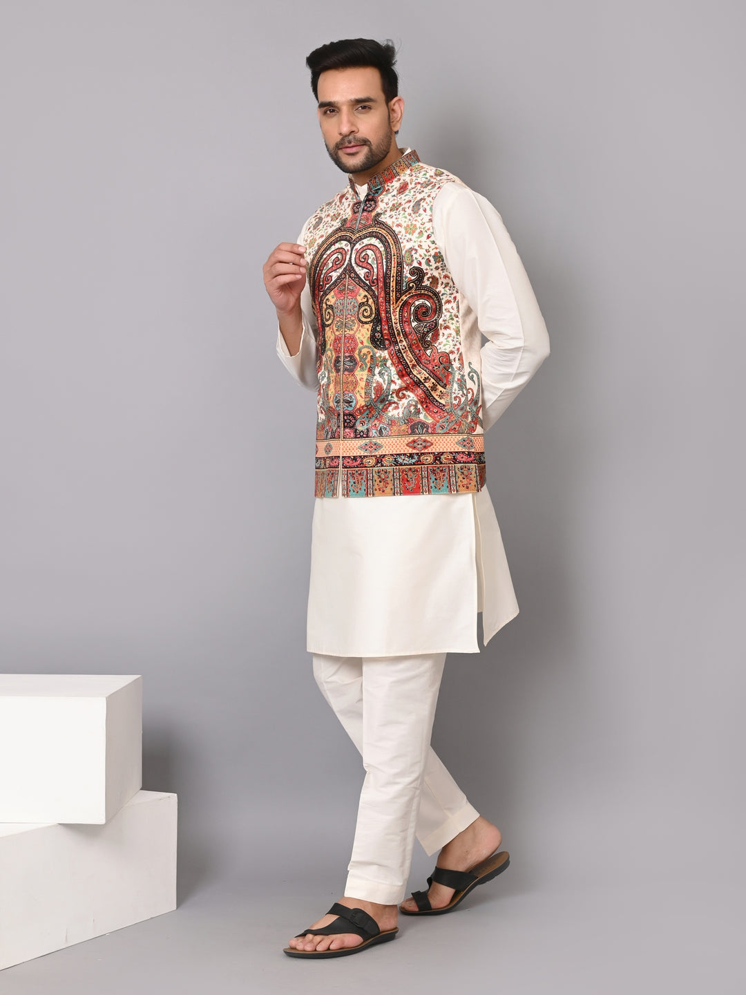 Paisley Off White Jacket Kurta Set - JM40409-10