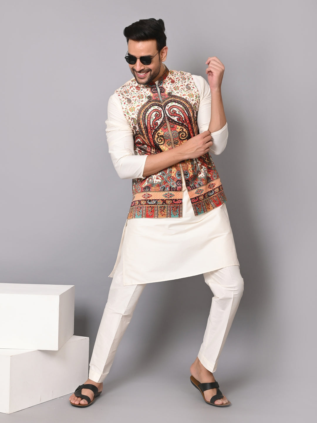 Paisley Off White Jacket Kurta Set - JM40409-10