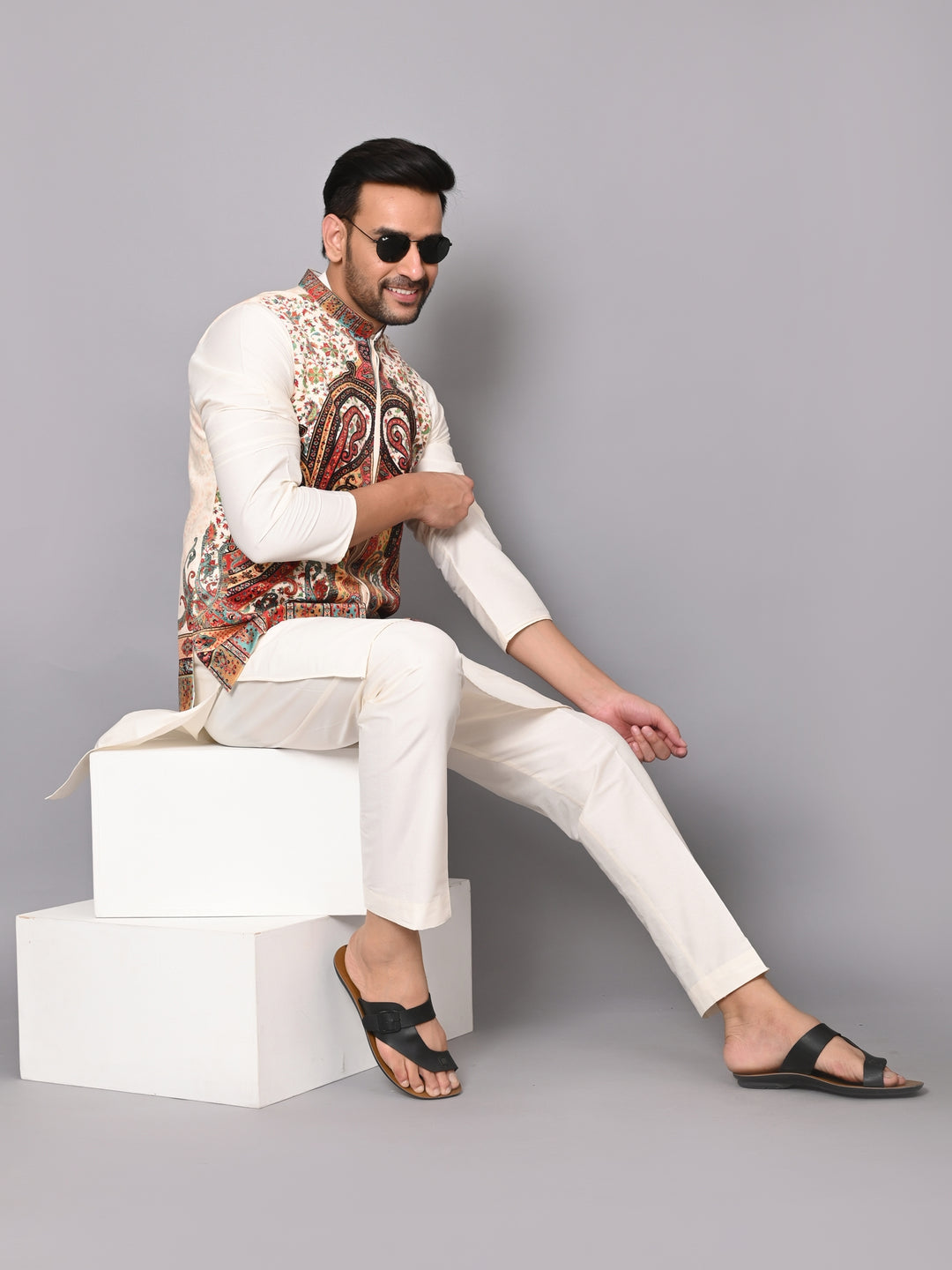 Paisley Off White Jacket Kurta Set - JM40409-10