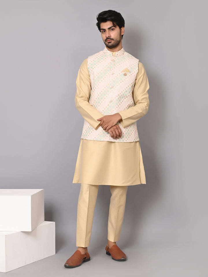 Striped Cream Jacket Kurta Set - JM40509-743A