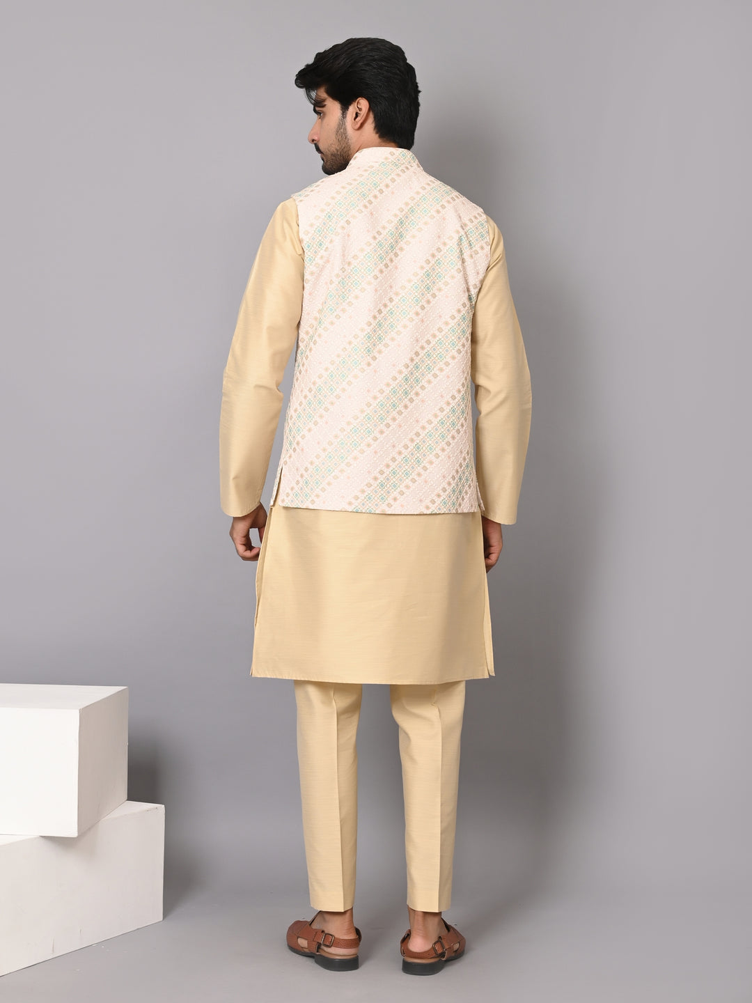 Striped Cream Jacket Kurta Set - JM40509-743A