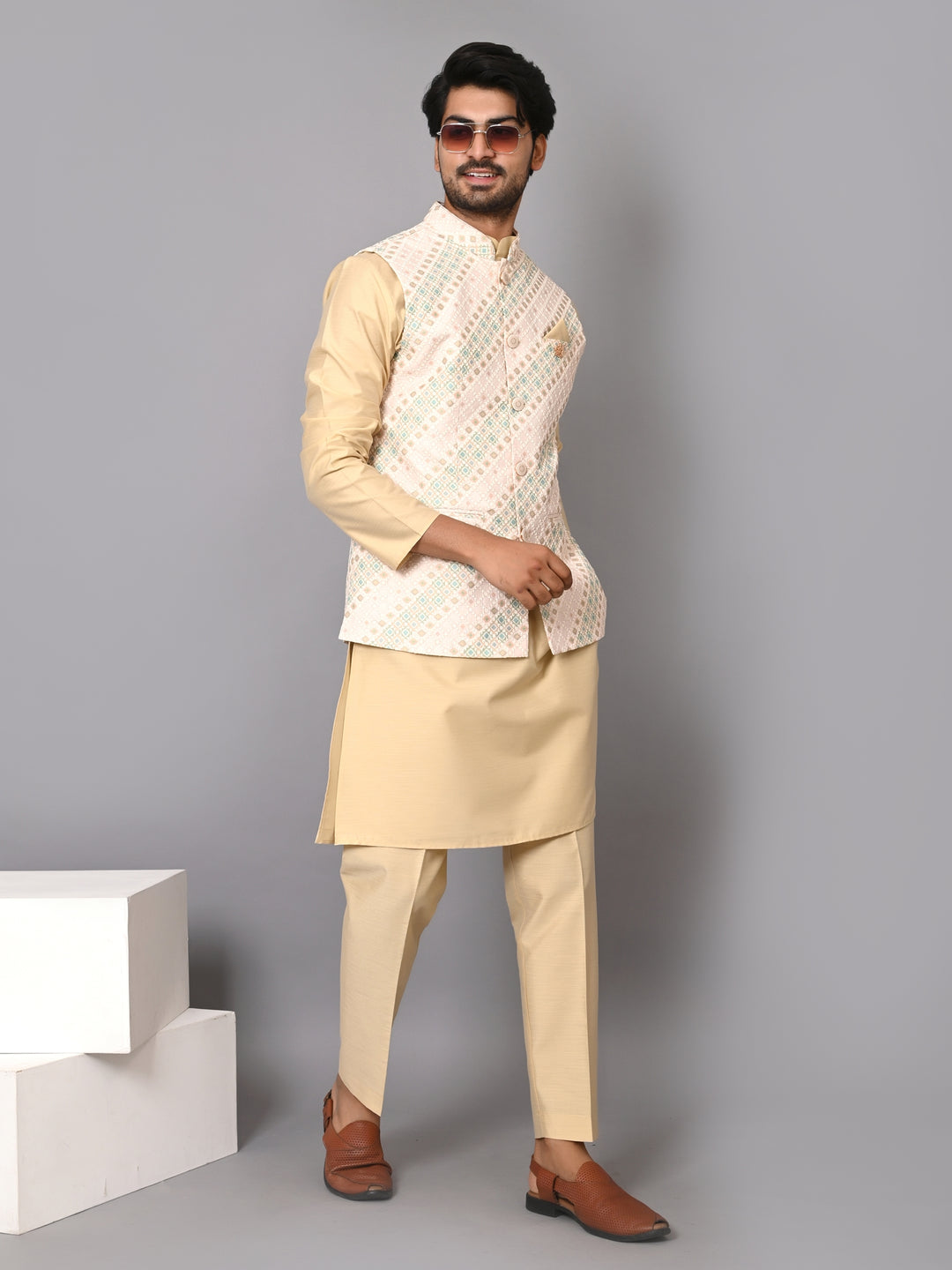 Striped Cream Jacket Kurta Set - JM40509-743A