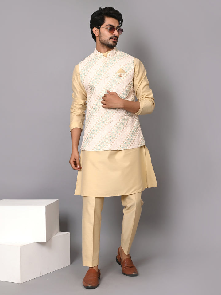 Striped Cream Jacket Kurta Set - JM40509-743A