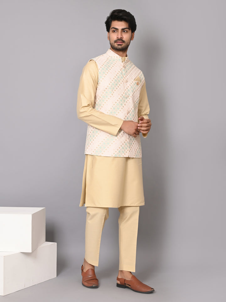 Striped Cream Jacket Kurta Set - JM40509-743A