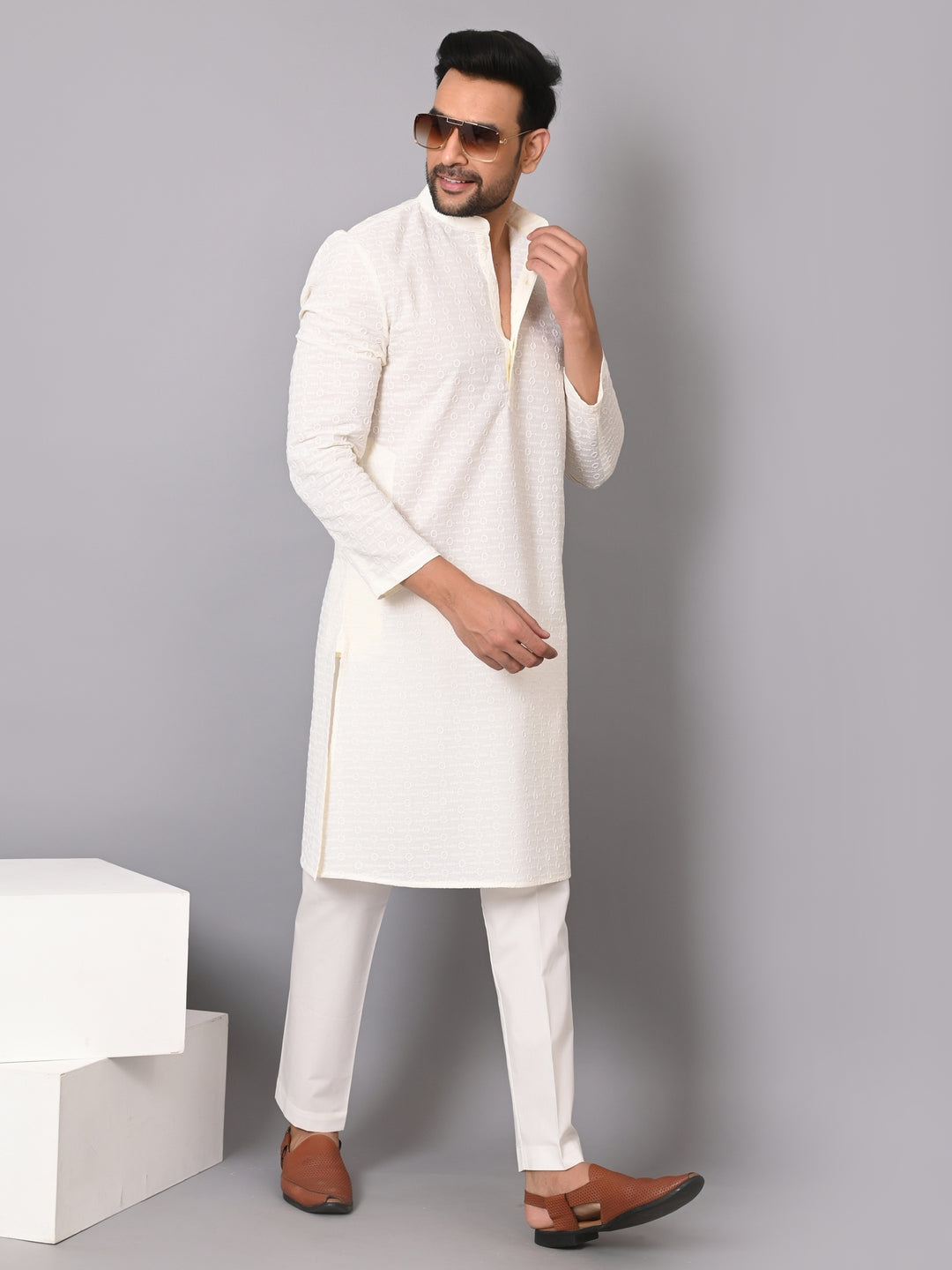 Chikan Cream Kurta Set - KM26317-C205