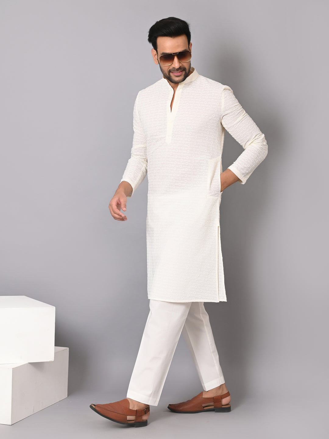 Chikan Cream Kurta Set - KM26317-C205