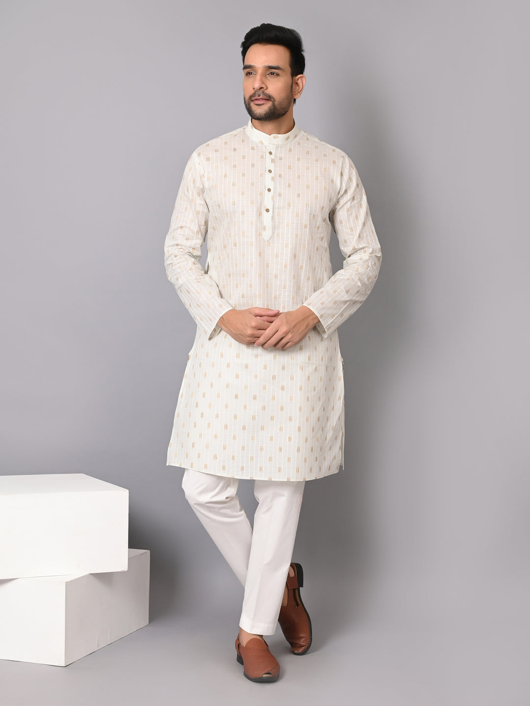 Striped Off White Kurta Set - KM38702-5