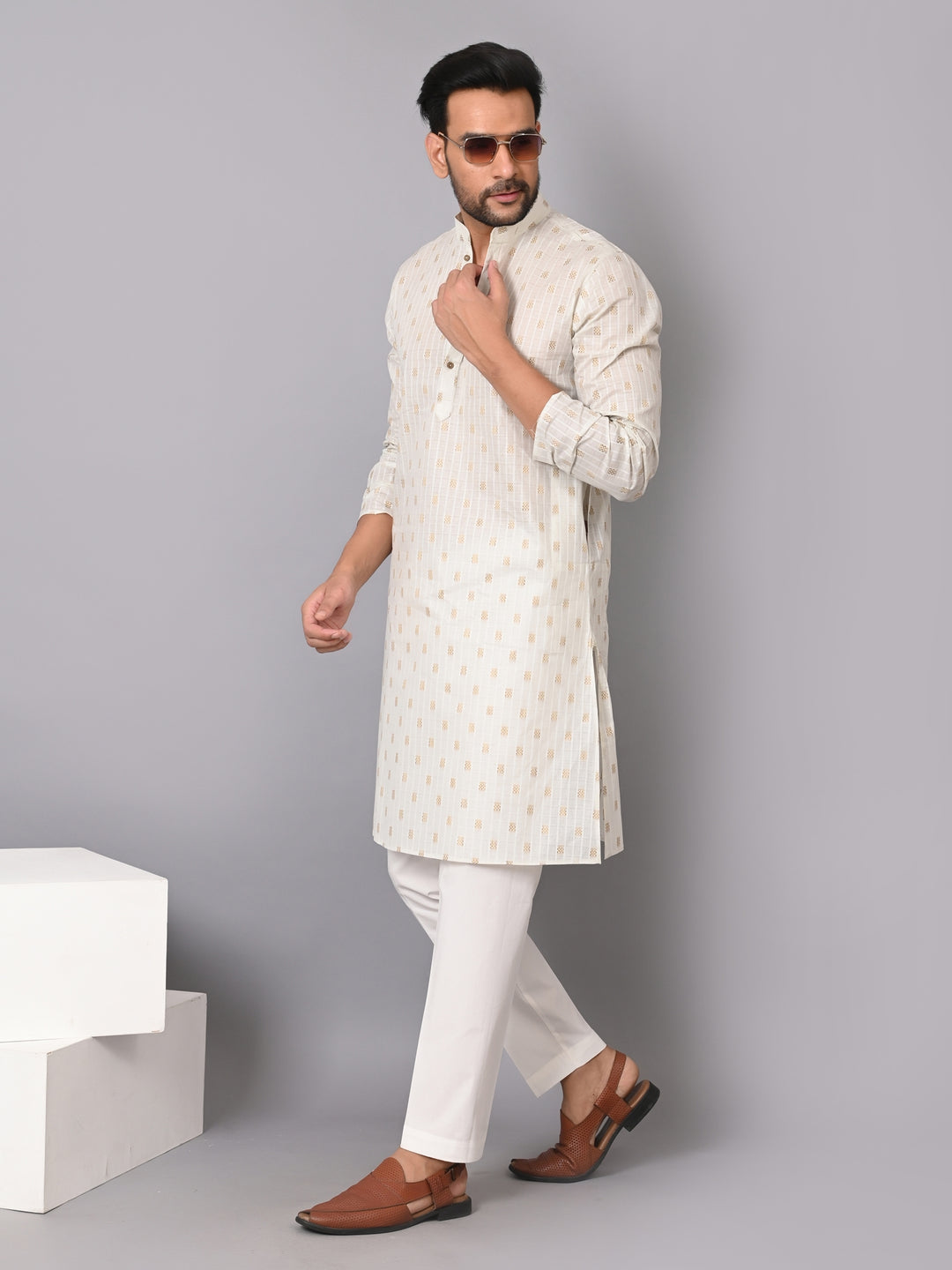 Striped Off White Kurta Set - KM38702-5