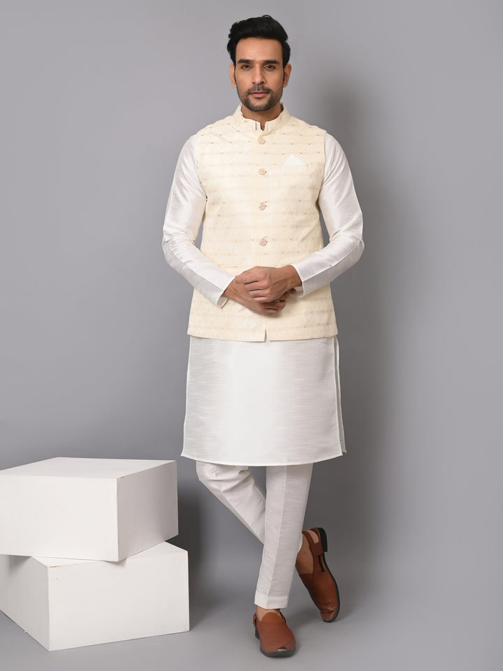 Checked Cream Jacket Kurta Set - JM37384-2