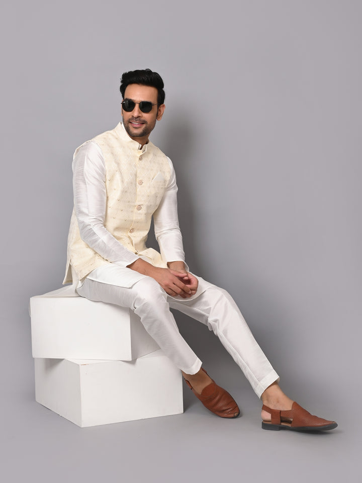 Checked Cream Jacket Kurta Set - JM37384-2