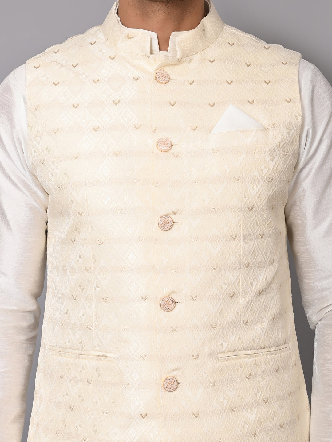 Checked Cream Jacket Kurta Set - JM37384-2