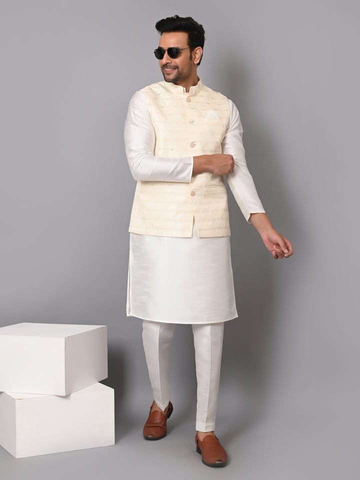 Checked Cream Jacket Kurta Set - JM37384-2