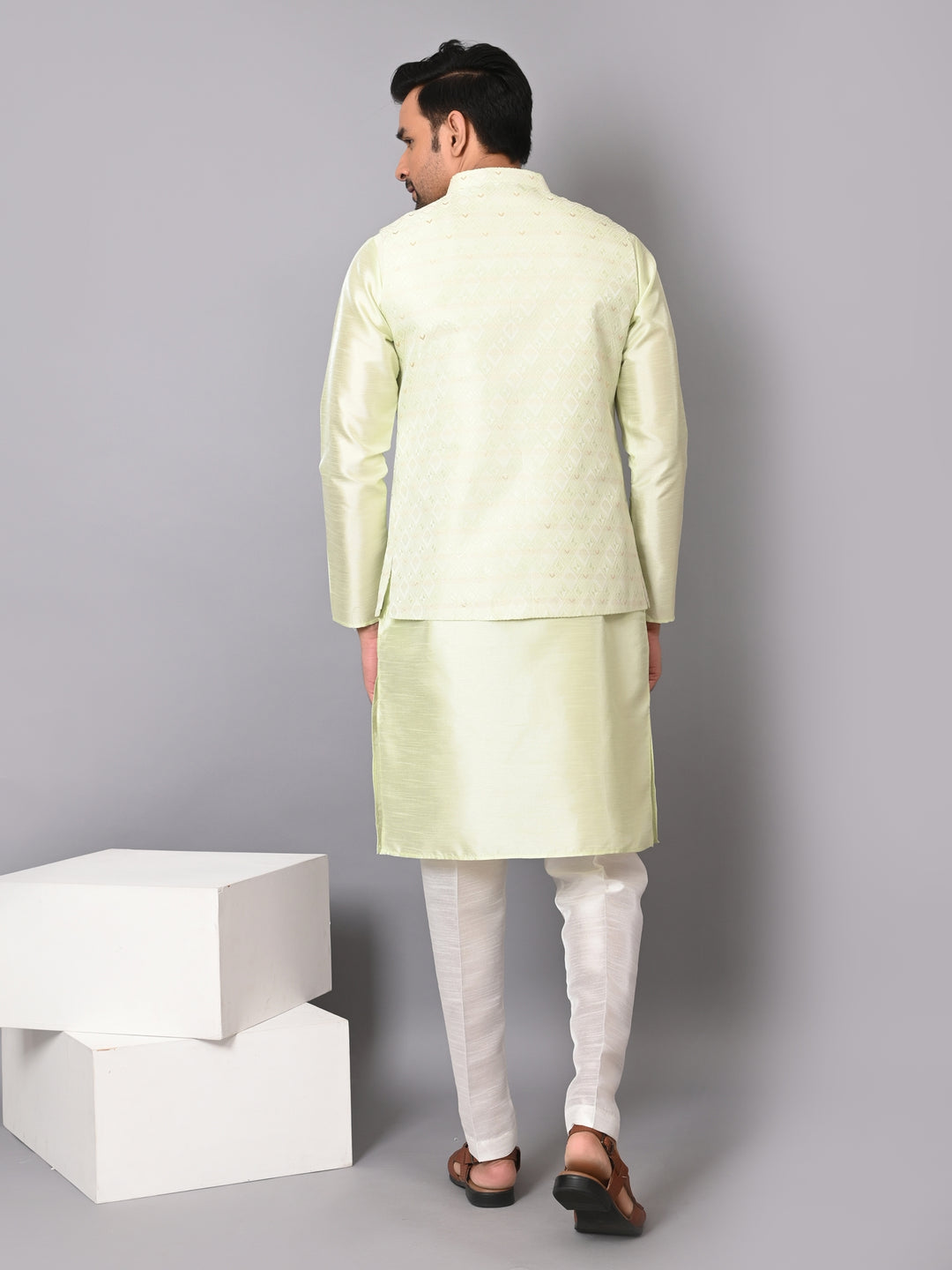 Checked Pista Jacket Kurta Set - JM37384-1