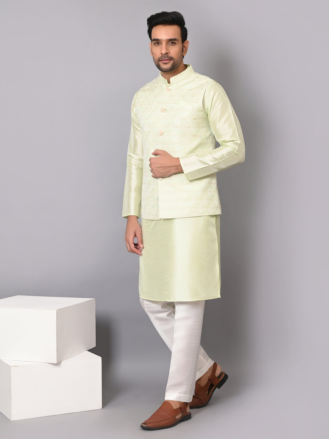 Checked Pista Jacket Kurta Set - JM37384-1