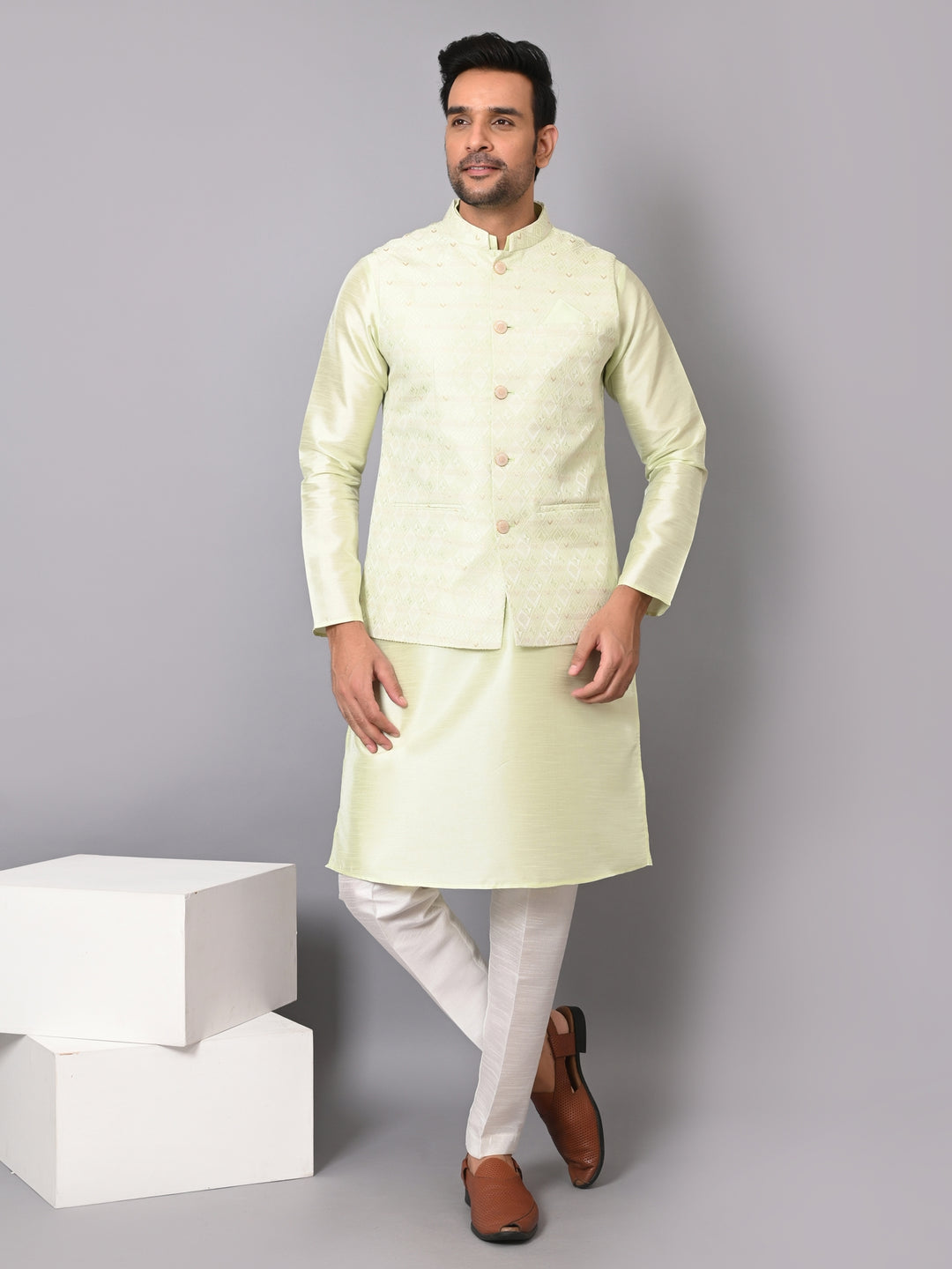 Checked Pista Jacket Kurta Set - JM37384-1