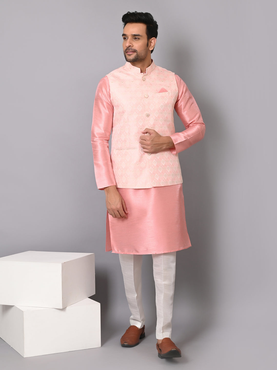 Checked Pink Jacket Kurta Set - JM37384-4