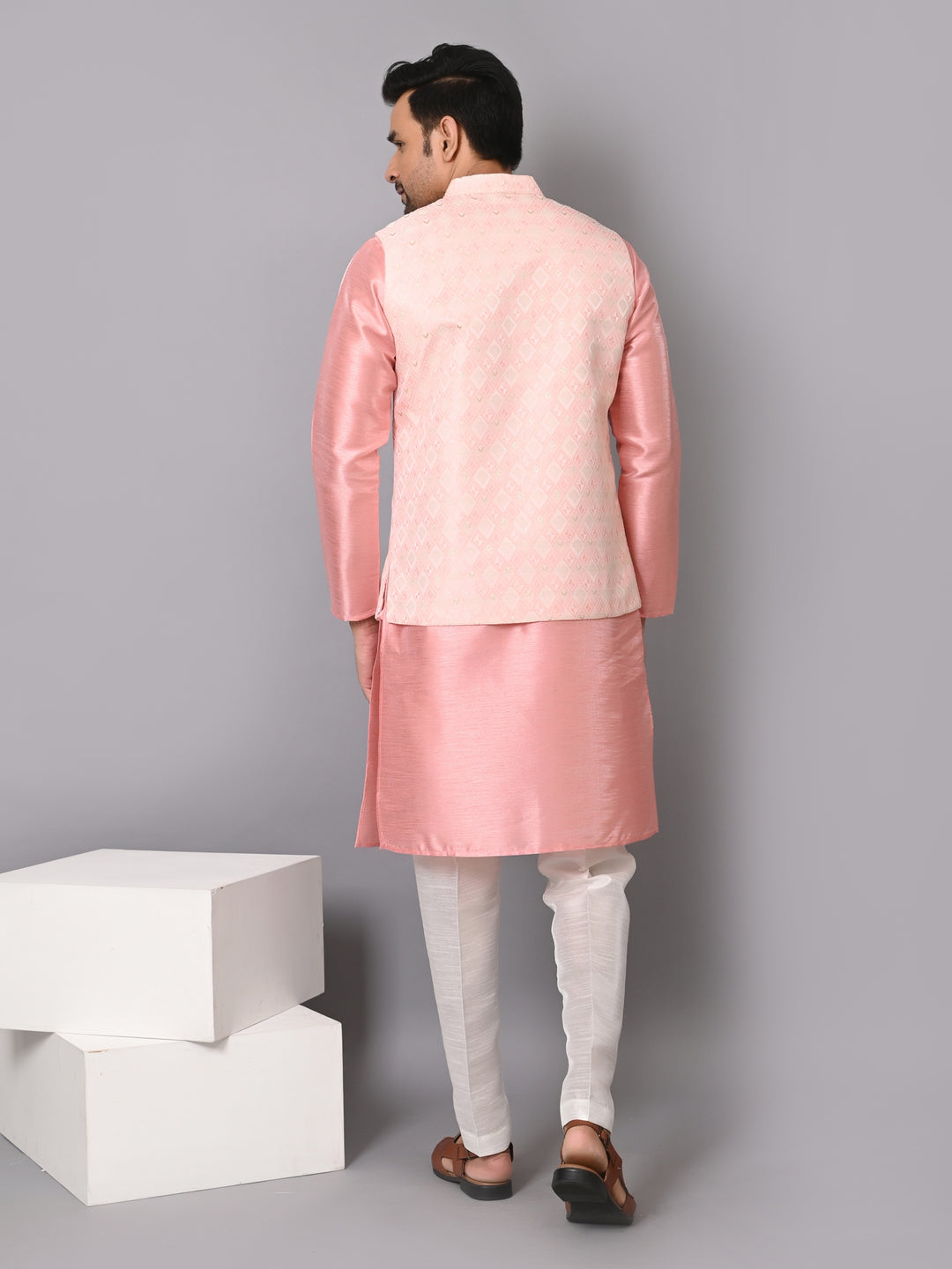 Checked Pink Jacket Kurta Set - JM37384-4