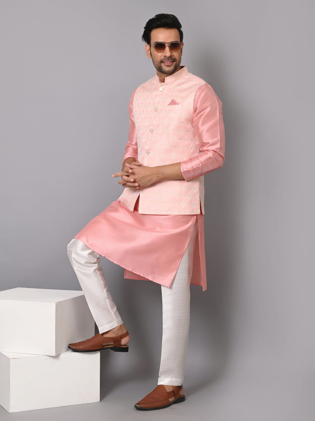 Checked Pink Jacket Kurta Set - JM37384-4