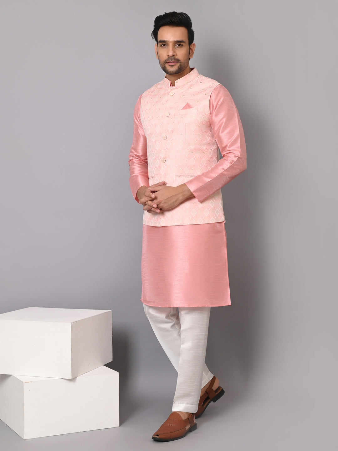 Checked Pink Jacket Kurta Set - JM37384-4