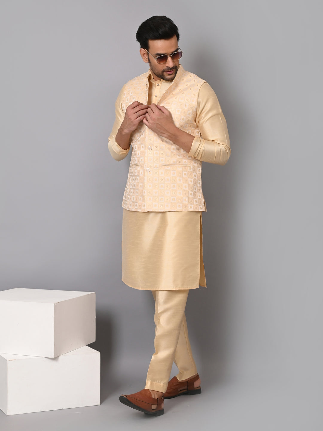 Checked Beige Jacket Kurta Set - JM37385-2