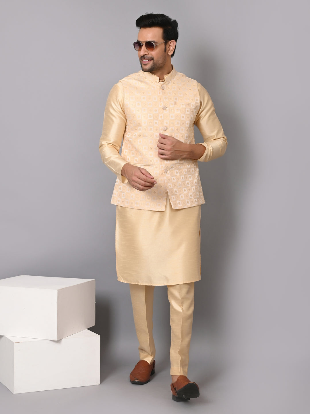 Checked Beige Jacket Kurta Set - JM37385-2