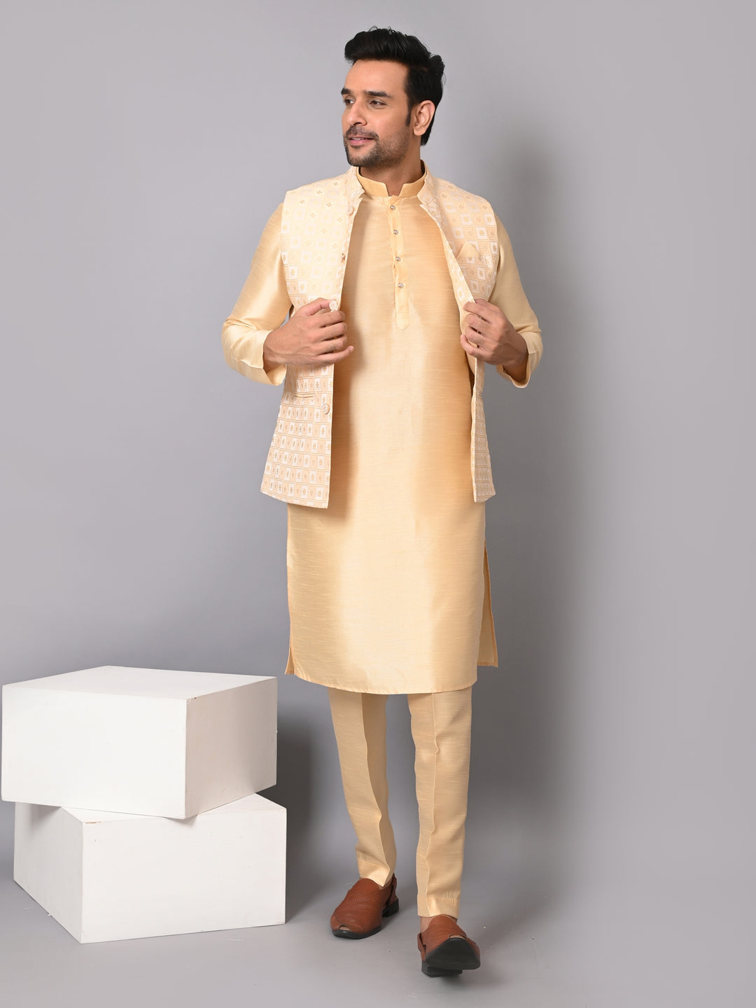 Checked Beige Jacket Kurta Set - JM37385-2