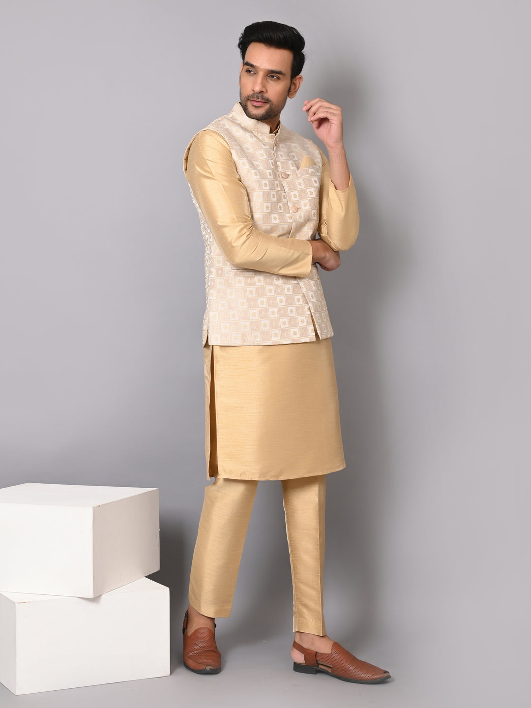 Checked Brown Jacket Kurta Set - JM37385-1