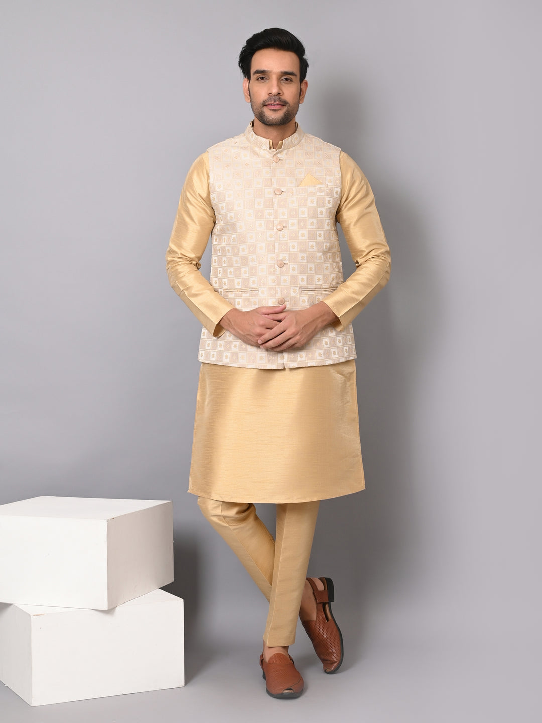 Checked Brown Jacket Kurta Set - JM37385-1