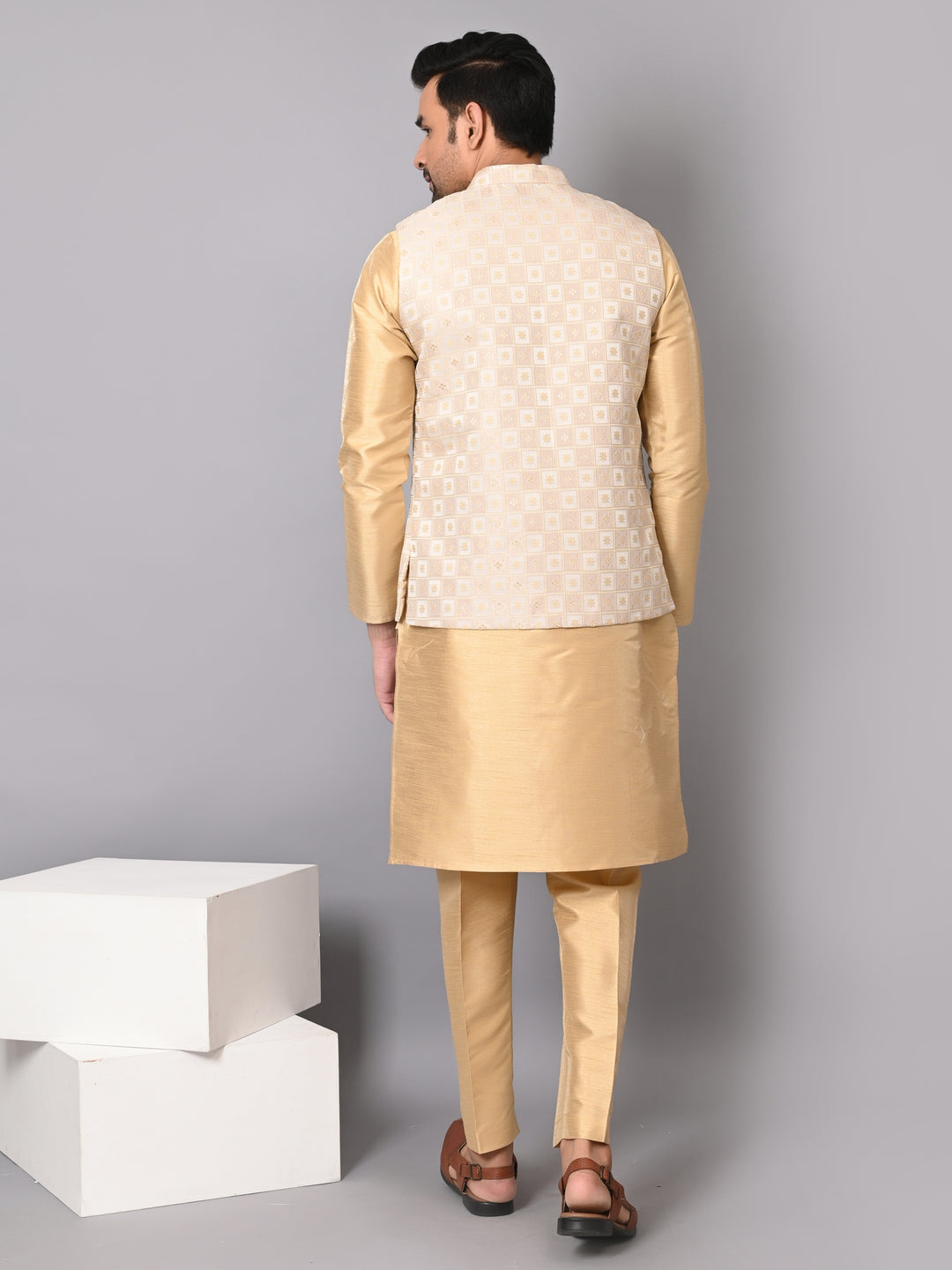 Checked Brown Jacket Kurta Set - JM37385-1