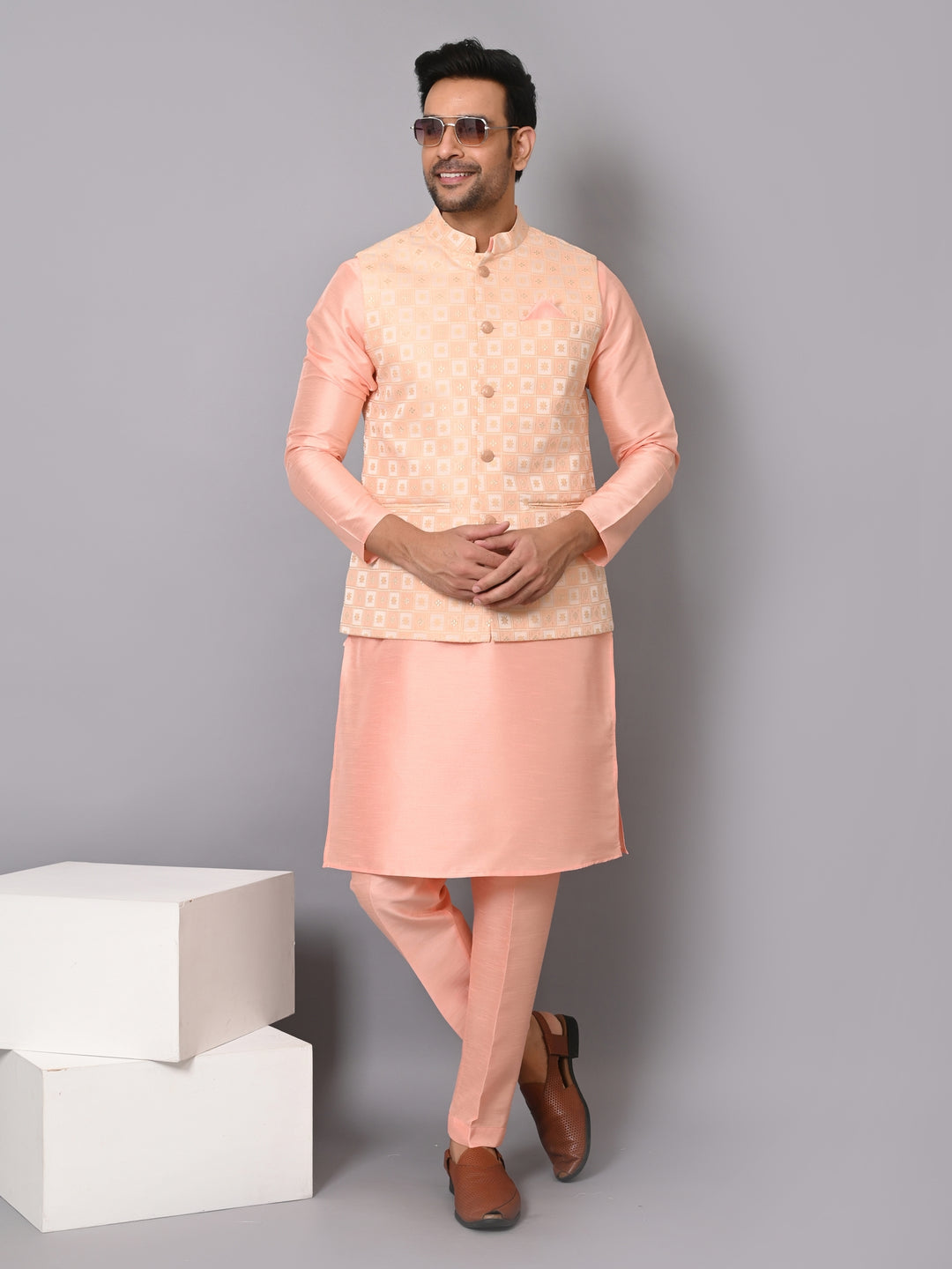 Checked Peach Jacket Kurta Set - JM37385-4