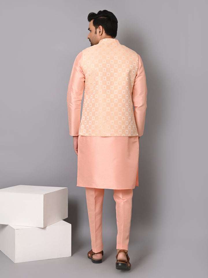 Checked Peach Jacket Kurta Set - JM37385-4