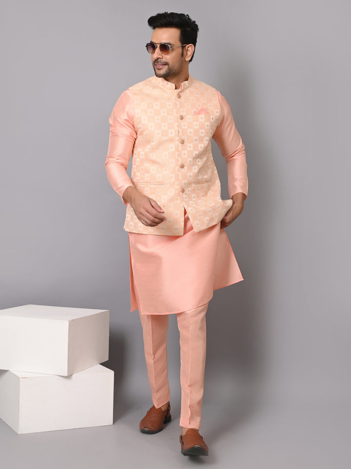 Checked Peach Jacket Kurta Set - JM37385-4