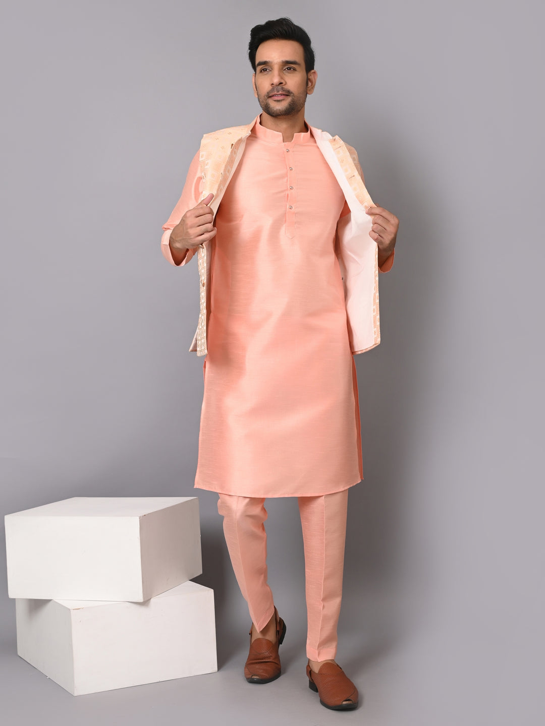 Checked Peach Jacket Kurta Set - JM37385-4