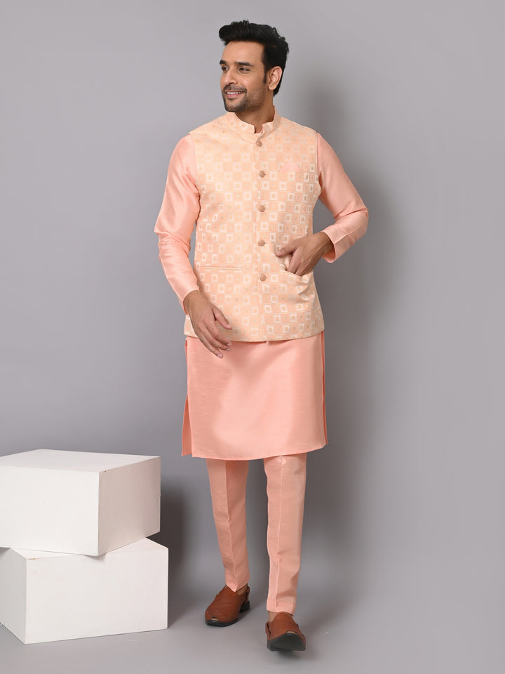 Checked Peach Jacket Kurta Set - JM37385-4