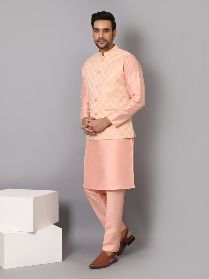 Checked Peach Jacket Kurta Set - JM37385-4