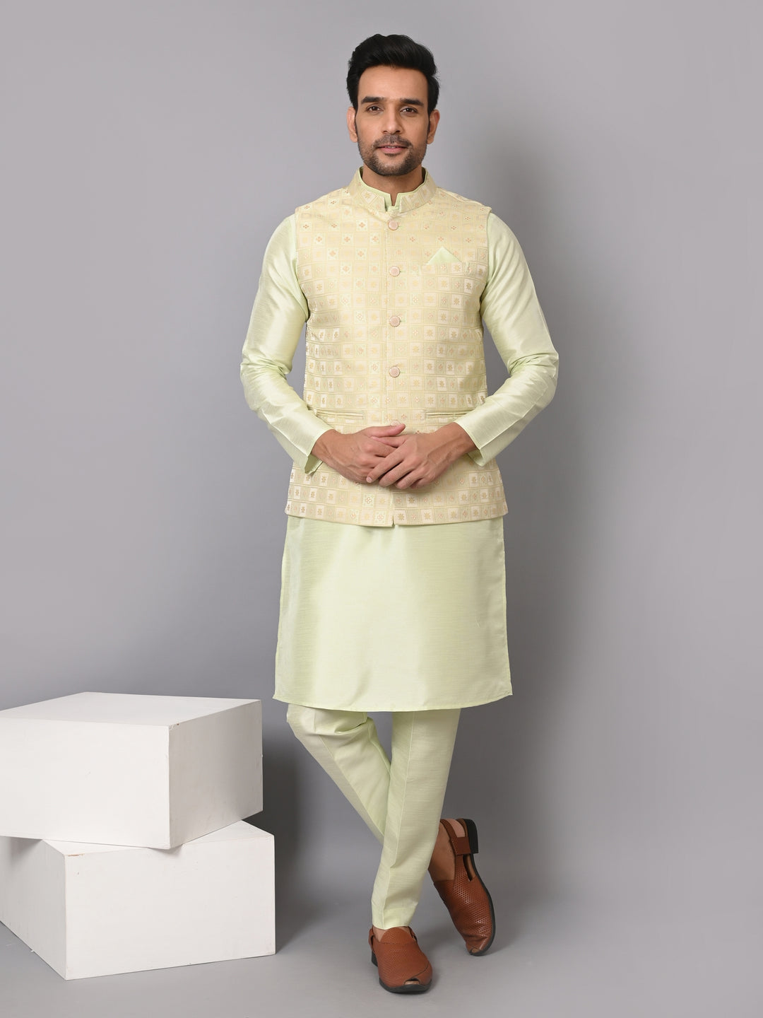 Checked Pista Jacket Kurta Set - JM37385-6