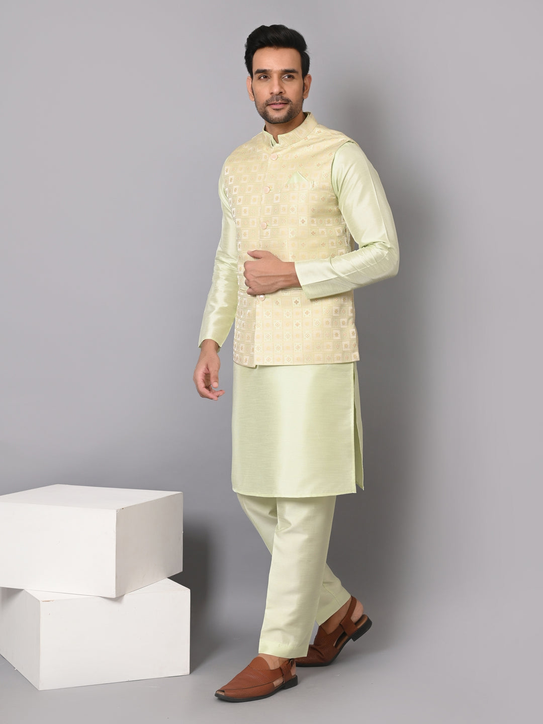 Checked Pista Jacket Kurta Set - JM37385-6