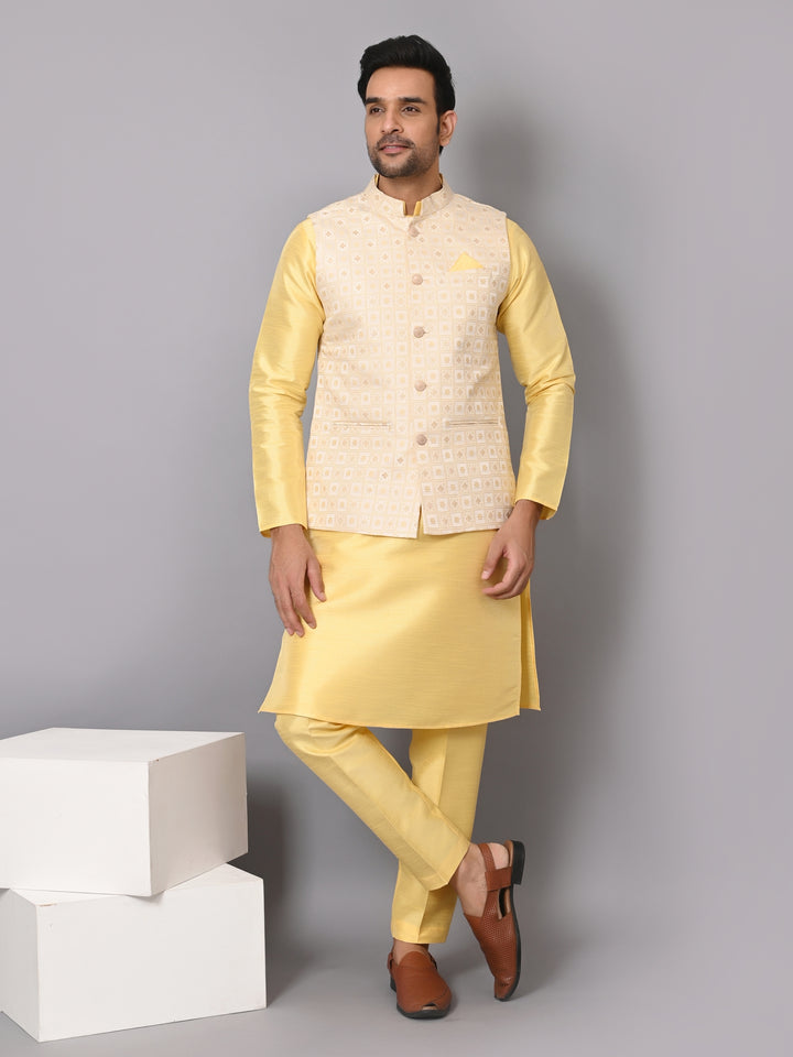 Checked Yellow Jacket Kurta Set - JM37385-3