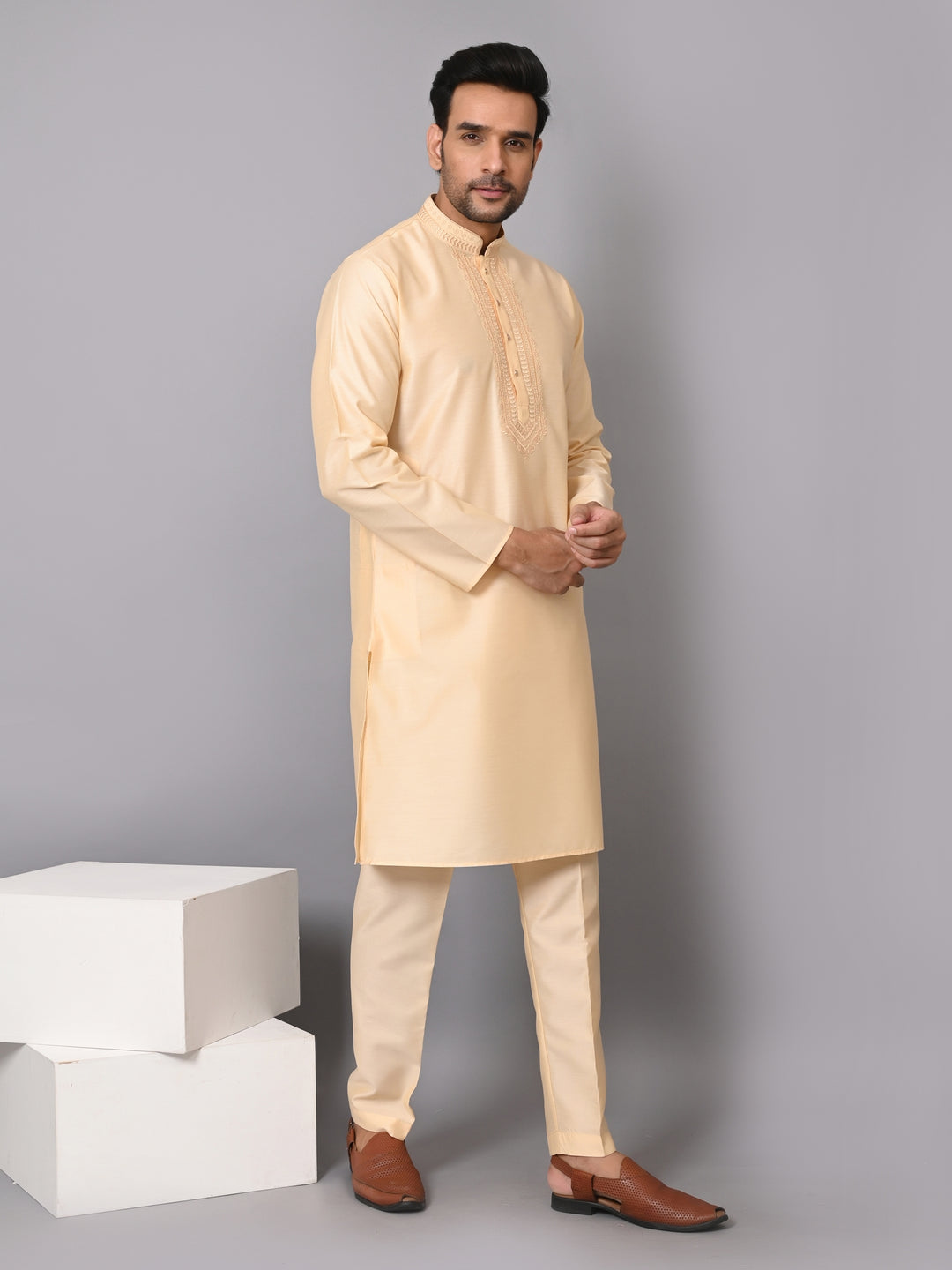 Solid Beige Kurta Set - KM40653-15