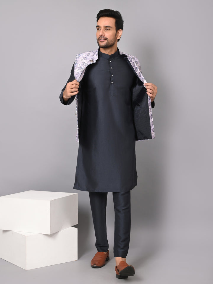 Geometric Navy Blue Jacket Kurta Set - JM36807-FN756