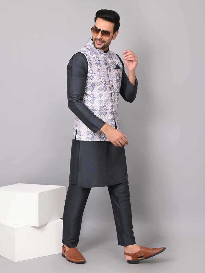 Geometric Navy Blue Jacket Kurta Set - JM36807-FN756